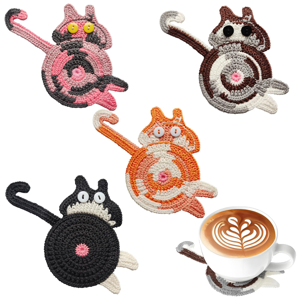 KHEXMNB cat coaster crochet design keeps surfaces clean with a playful knit look.
