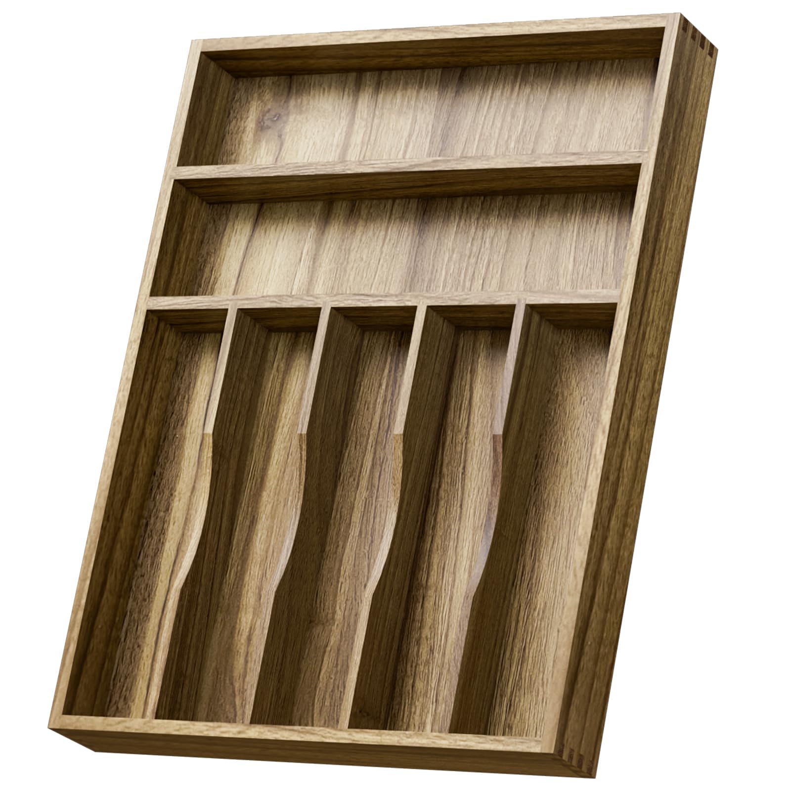 Kiasthome acacia wood silverware drawer organizer with seven slots neatly separated.