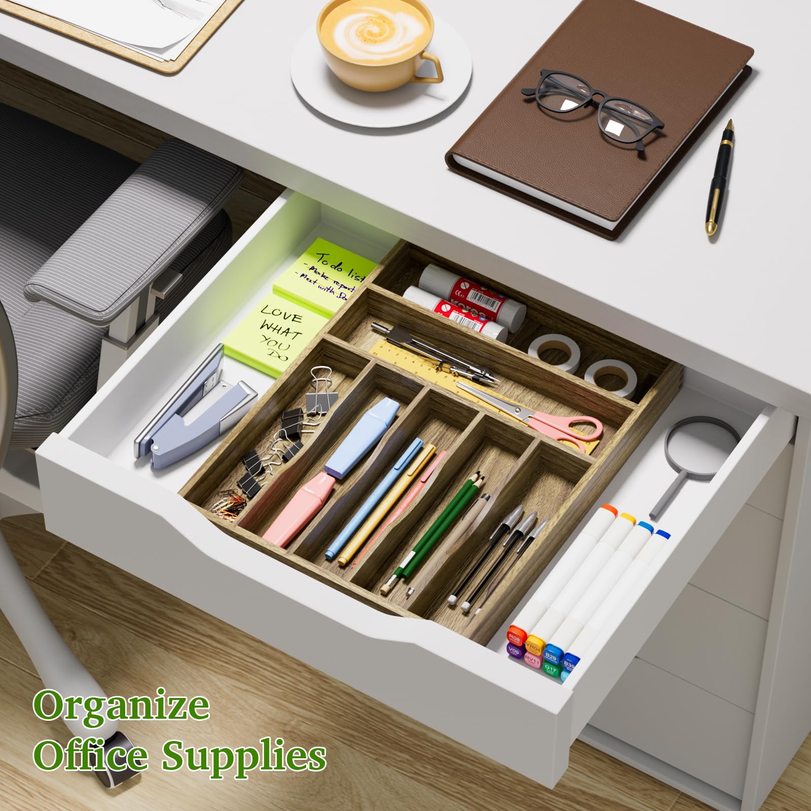 Anti-slip pads stabilize the organizer during use for reliable drawer storage.