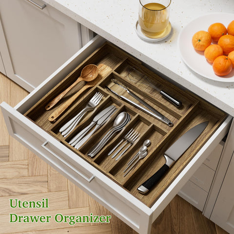 Kiasthome natural acacia wood finish adds elegant kitchen storage.