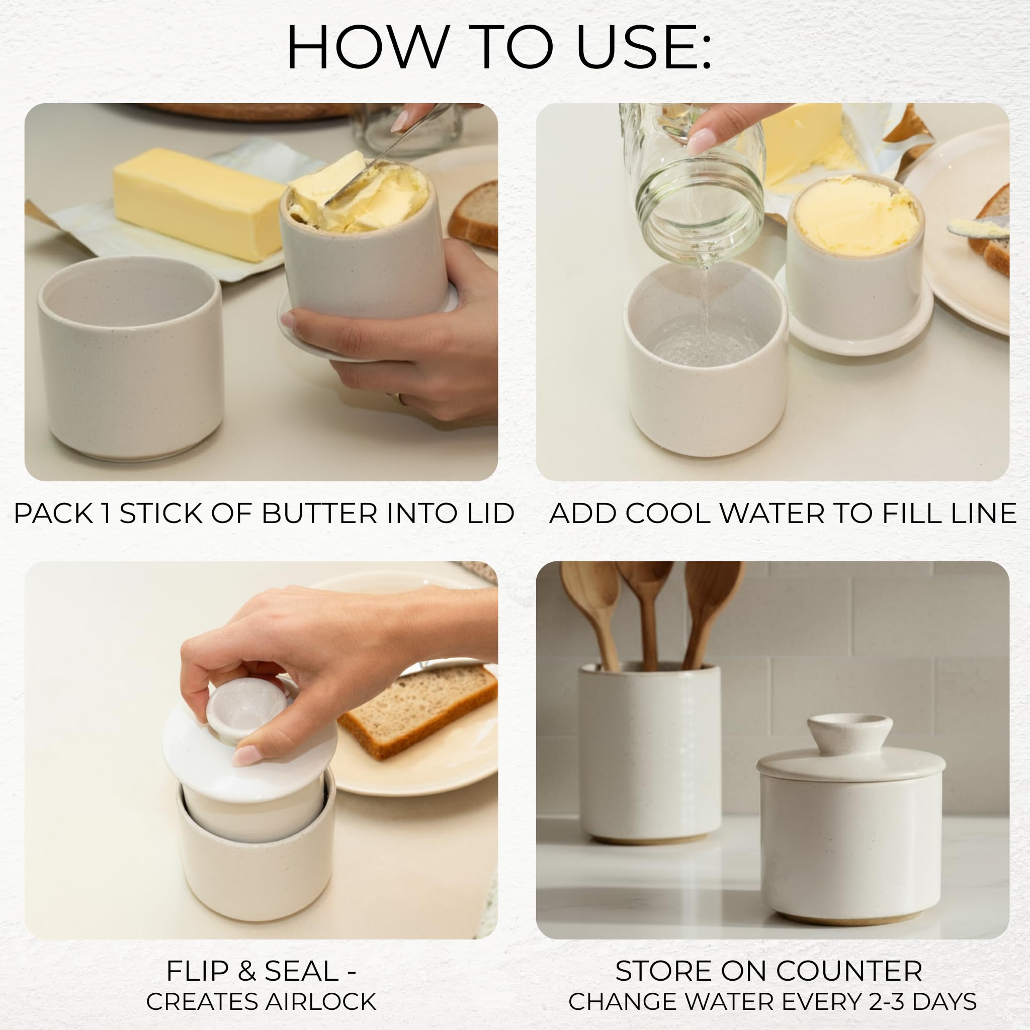 Glossy, speckled finish of the KIBAGA butter crock adds timeless style.
