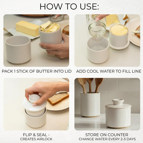 Glossy, speckled finish of the KIBAGA butter crock adds timeless style.