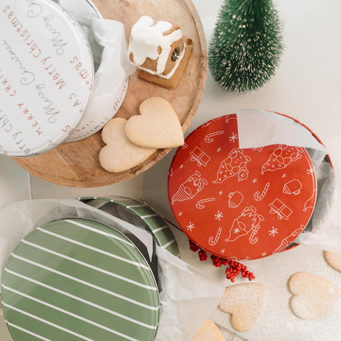 KIBAGA galvanized steel cookie tin closeup, durable festive container.