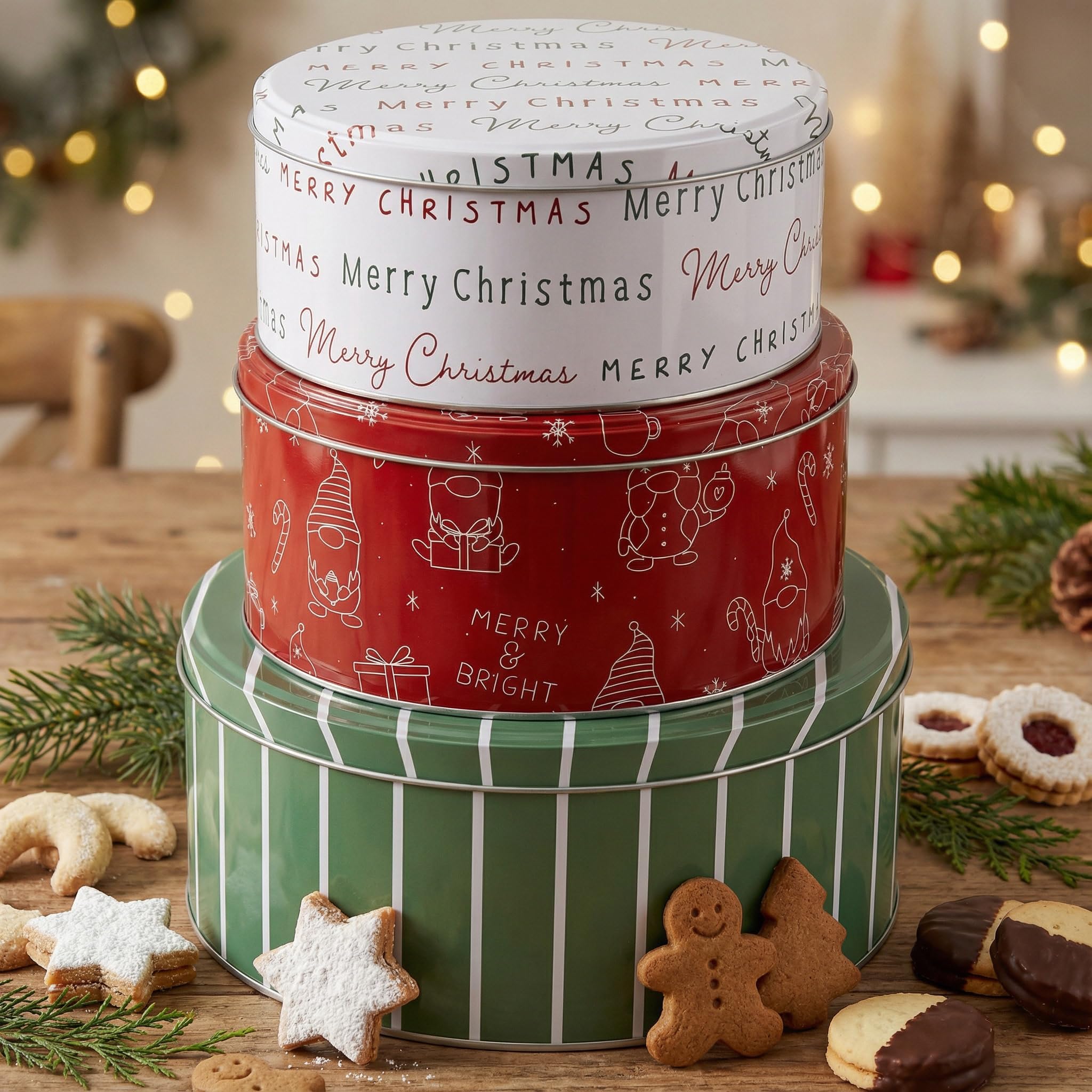 KIBAGA Christmas cookie tins green-striped lid, keeps cookies fresh for gifting.