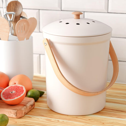 KIBAGA countertop compost bin with wooden handle on a kitchen counter, compact and practical