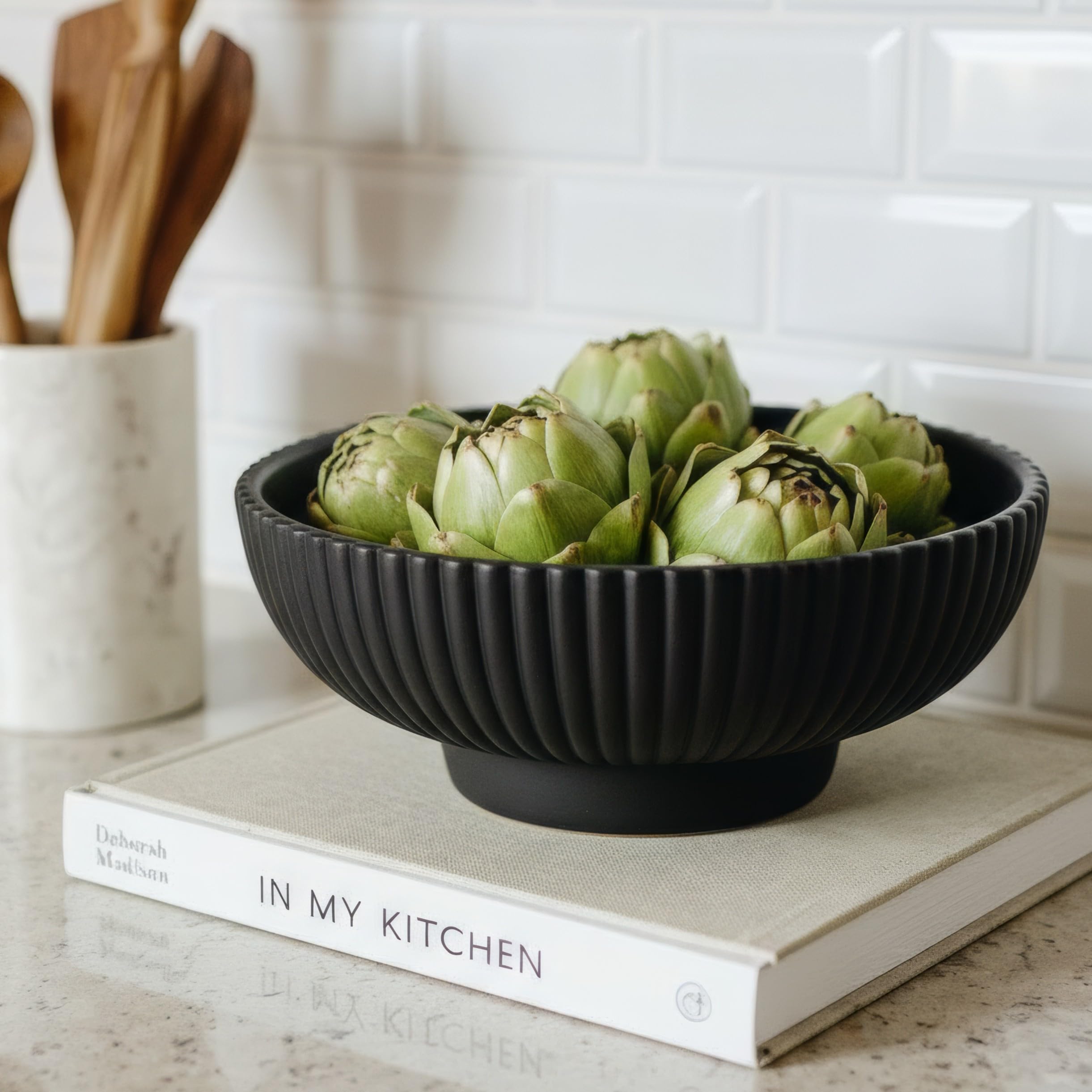 KIBAGA decorative concrete fruit bowl on kitchen counter; stylish centerpiece