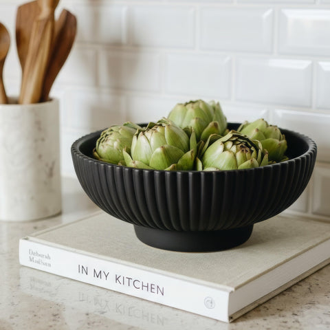 KIBAGA decorative concrete fruit bowl on kitchen counter; stylish centerpiece