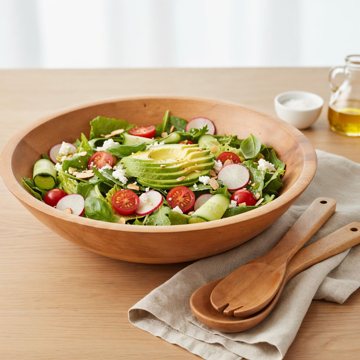 KIBAGA extra-large wooden salad bowl ready for generous servings and centerpiece presentation