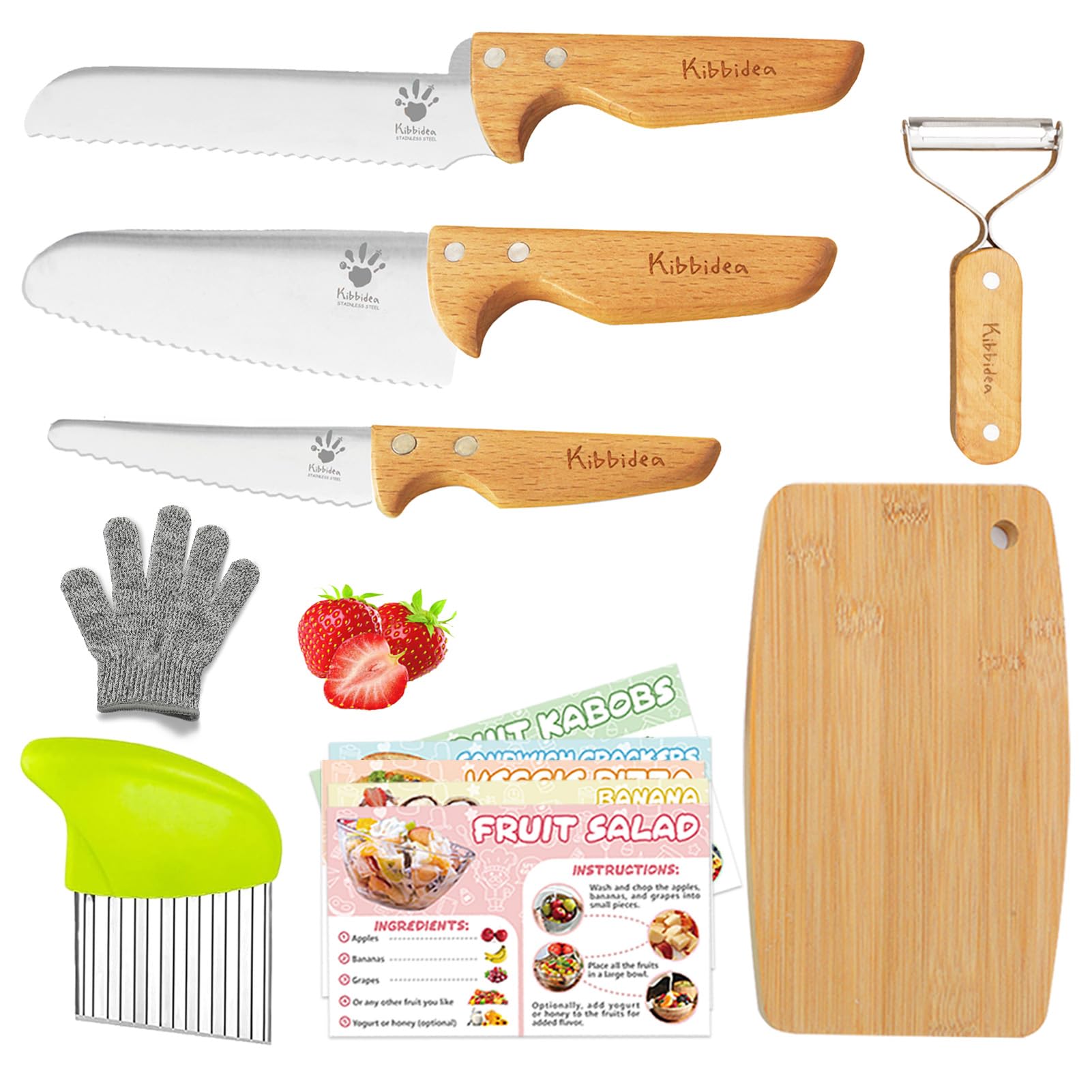 Kibbidea kids chef knife with rounded tip for safe beginner cooking.