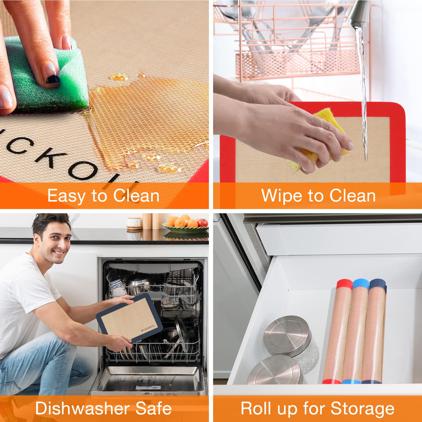 KICKOIL dishwasher-safe silicone mat cleans quickly for repeated oven use.
