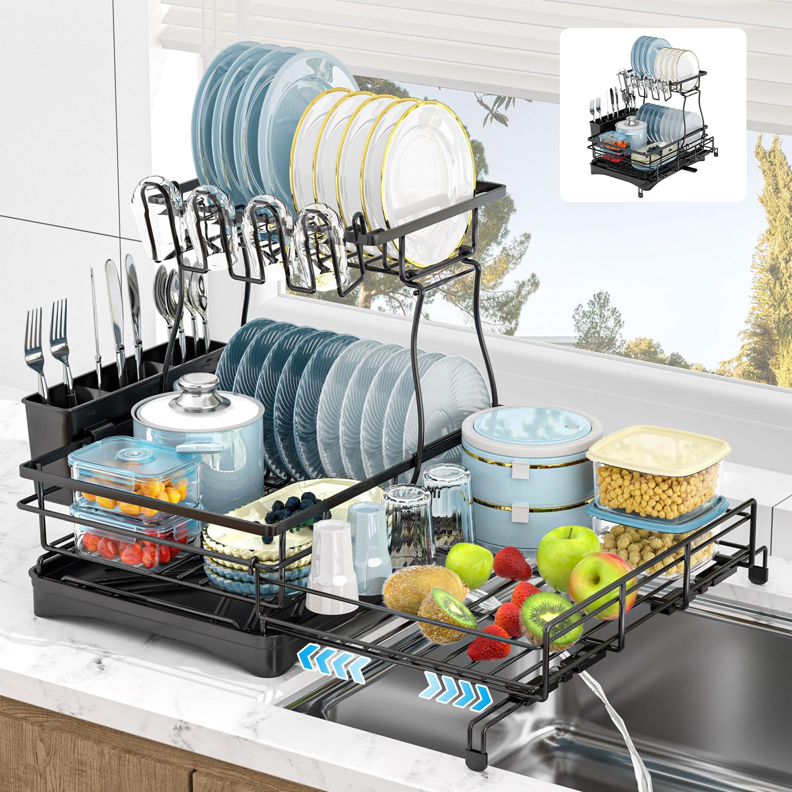 Kicyosl 2-tier dish drying rack on counter safely holds plates after washing.