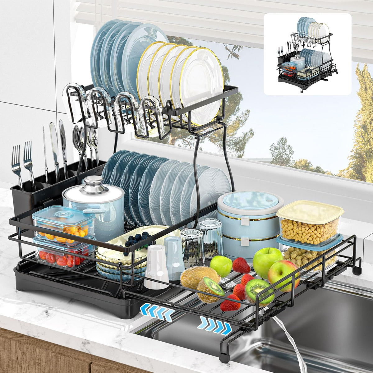 Kicyosl 2-tier dish drying rack on counter safely holds plates after washing.