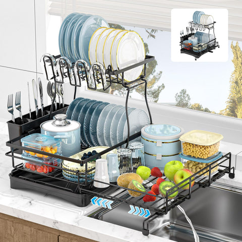 Kicyosl 2-tier dish drying rack on counter safely holds plates after washing.