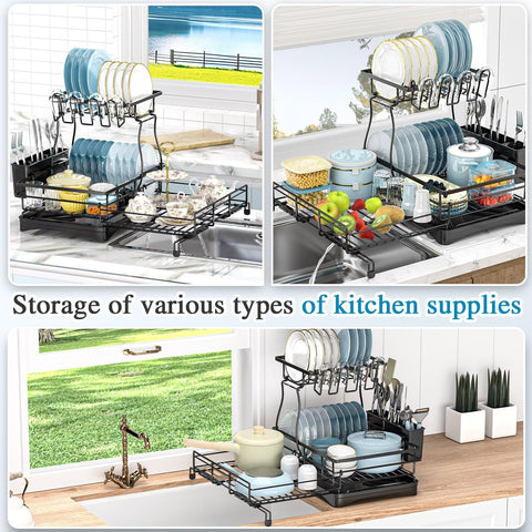 Kicyosl dish rack with drainboard channels water into the sink for a clean workspace.