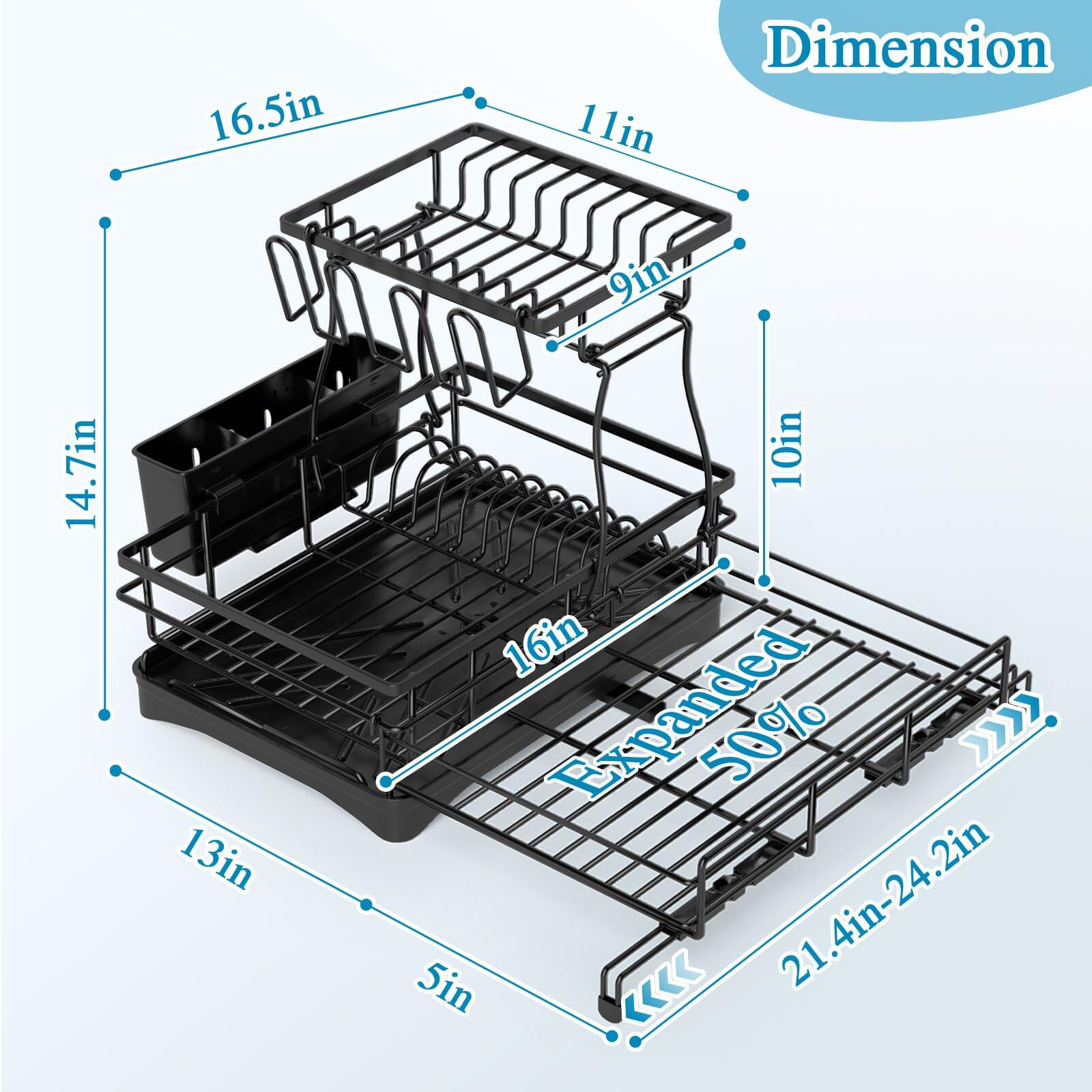 Kicyosl extendable dish rack extends to fit larger sinks for more dishes.