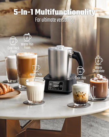 KIDISLE 5-in-1 milk frother control panel showcasing precise temperature options
