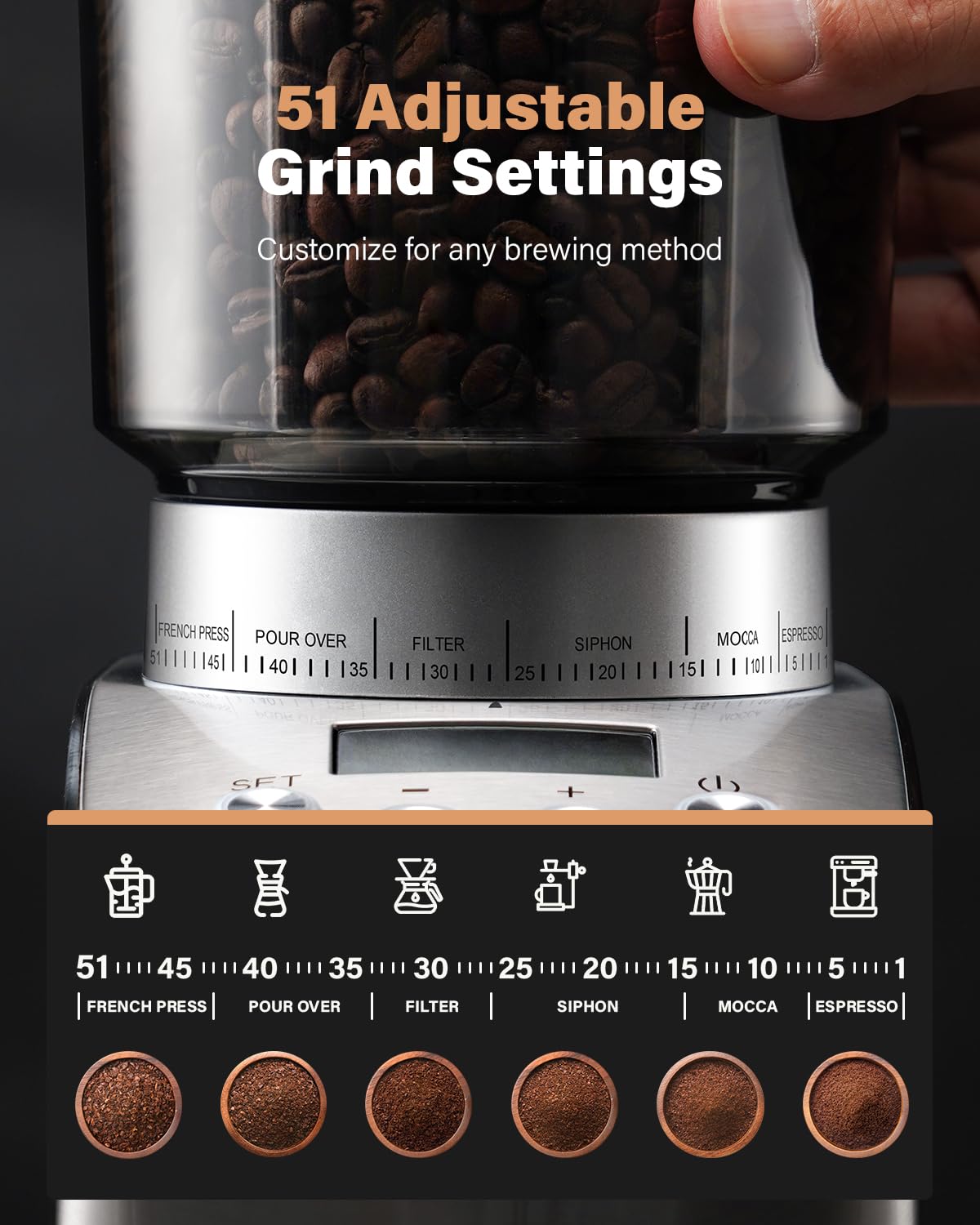 KIDISLE conical burr grinder with 40mm burr for even grind and full flavor