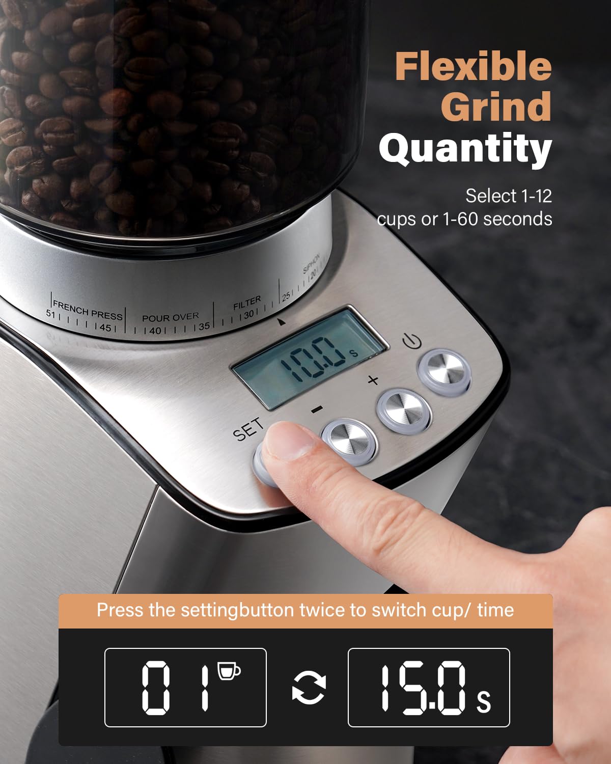 KIDISLE conical burr grinder with digital timer showing adjustable grind settings