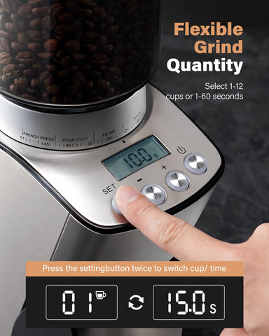 KIDISLE conical burr grinder with digital timer showing adjustable grind settings