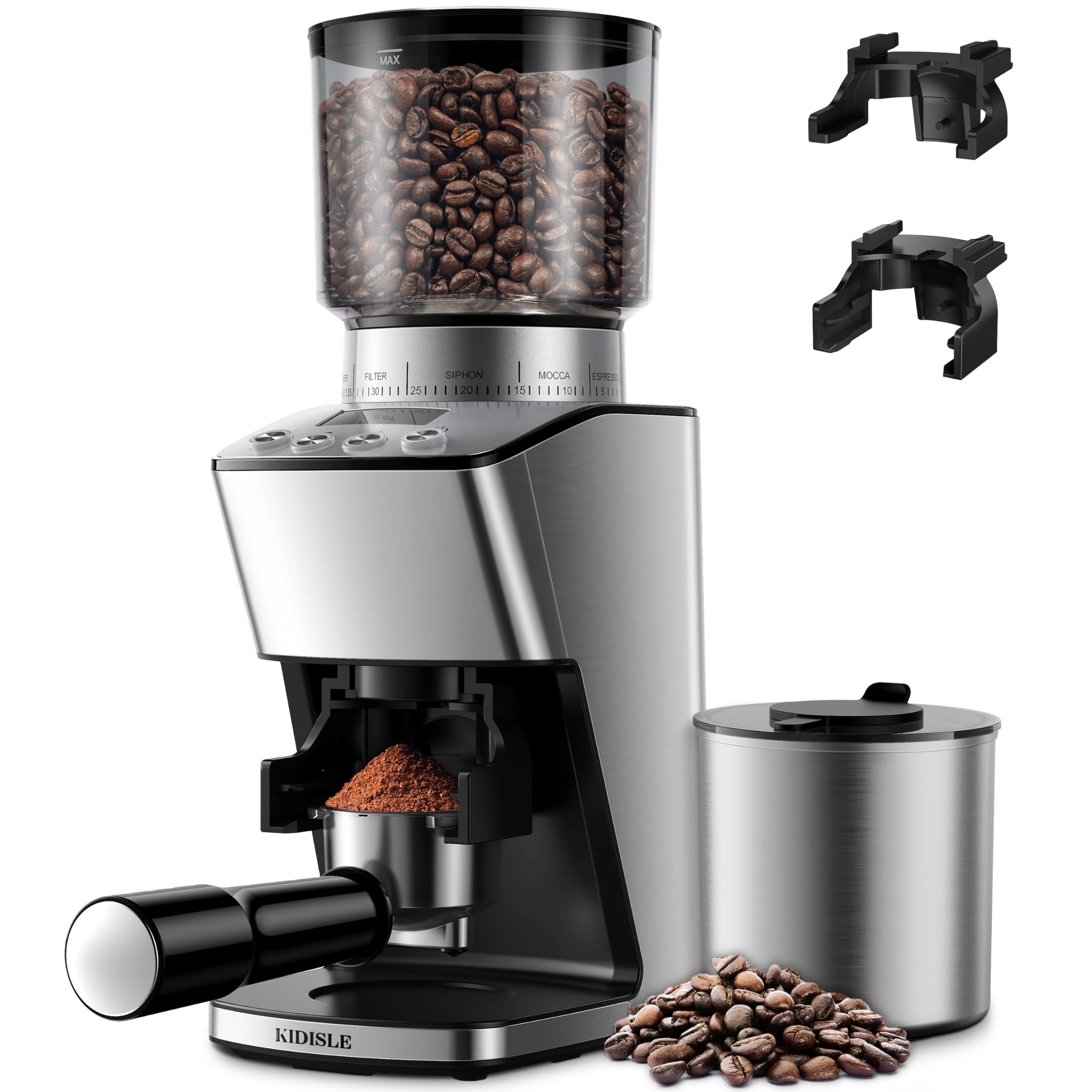 KIDISLE conical burr grinder front view for precise espresso grind and clean operation