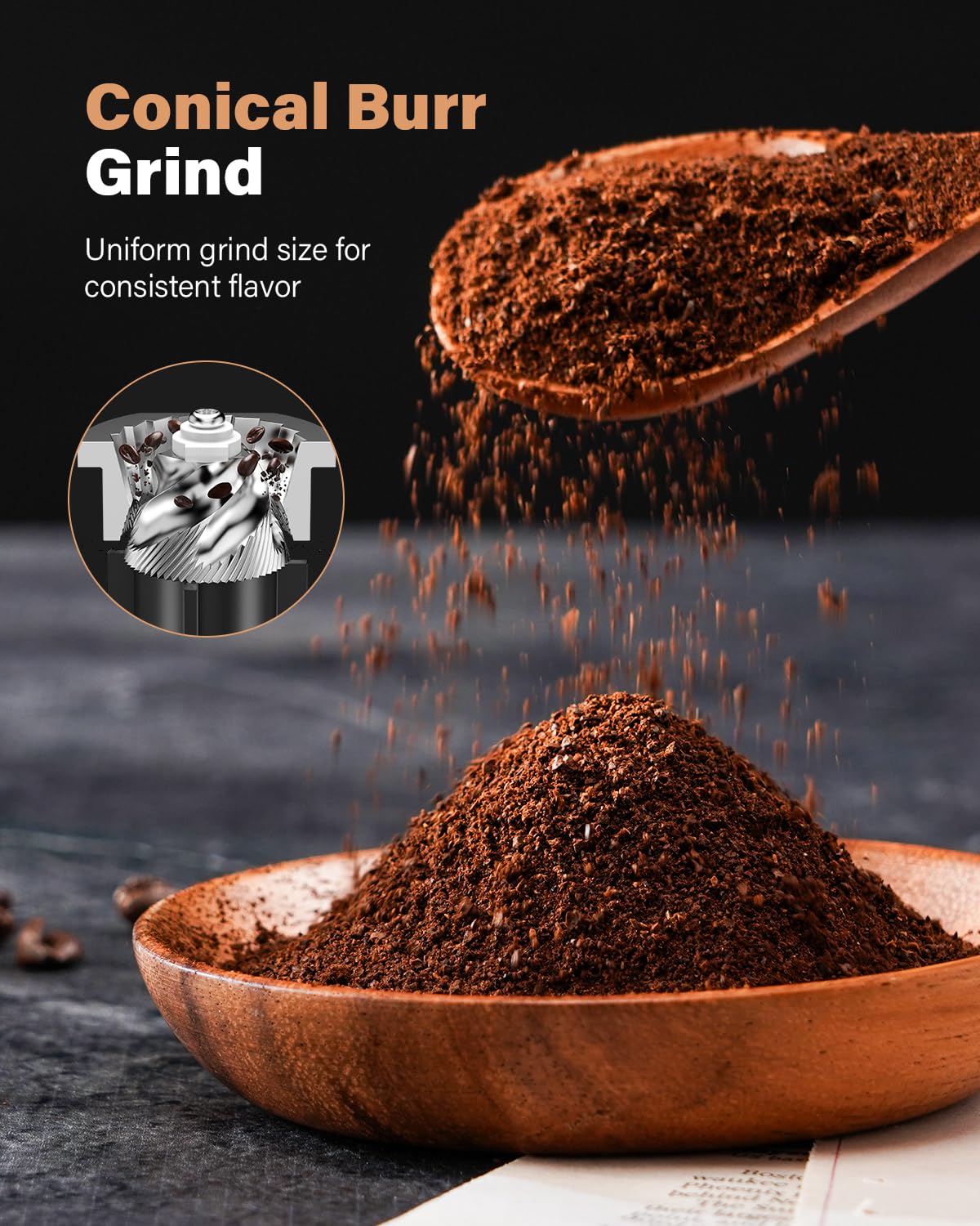 KIDISLE conical burr grinder 12.5-ounce hopper keeps beans ready for batch brews