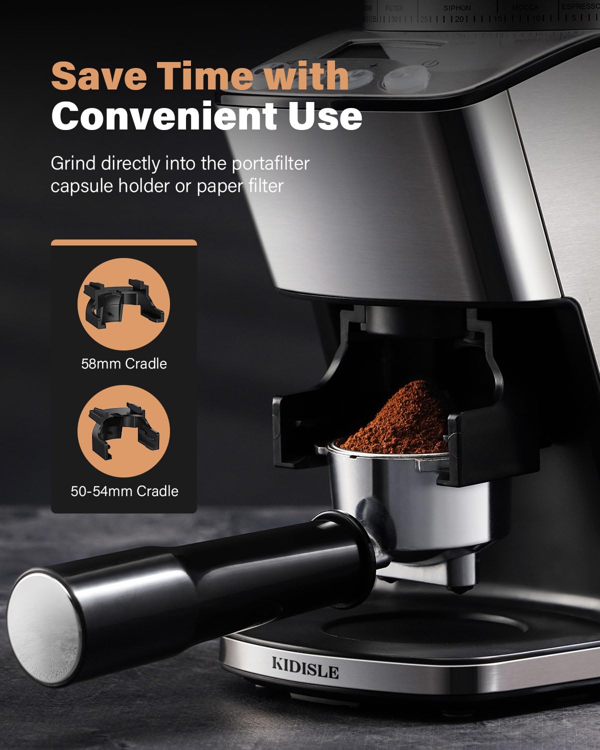 KIDISLE conical burr grinder locking hopper aids effortless bean transfer