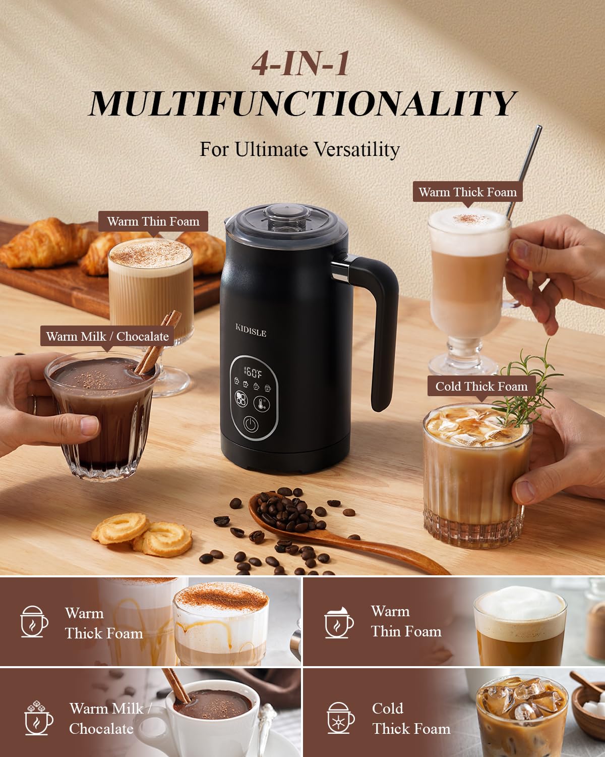 KIDISLE Milk Frother 4in1 shows temperature settings for perfect latte foam