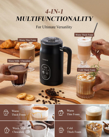 KIDISLE Milk Frother 4in1 shows temperature settings for perfect latte foam