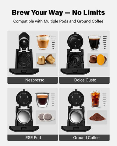 KIDISLE multi-system chambers shown, enabling Nespresso Original, Dolce Gusto, grounds and ESE pods