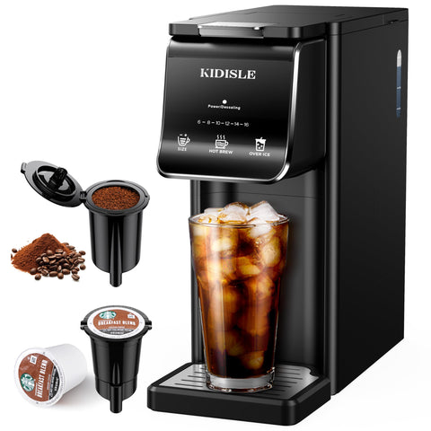 KIDISLE single-serve coffee maker shows K Cup and ground compatibility for versatile brewing.