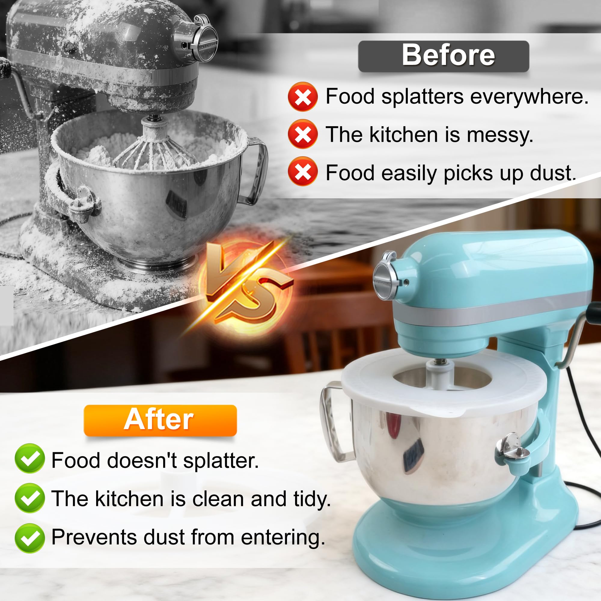 KIDOT cover acts as splash guard to keep countertops clean during mixing.