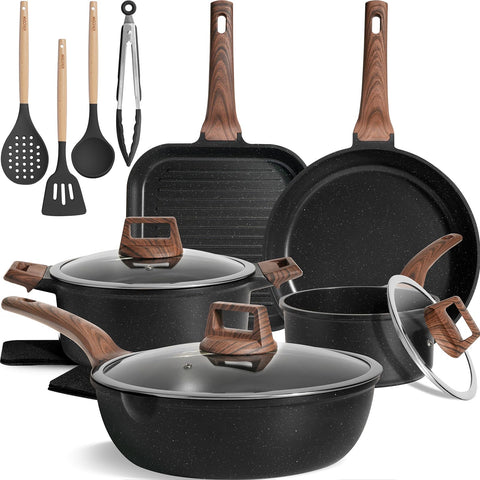 Kikcoin 16-piece pots and pans set displayed together for versatile cooking