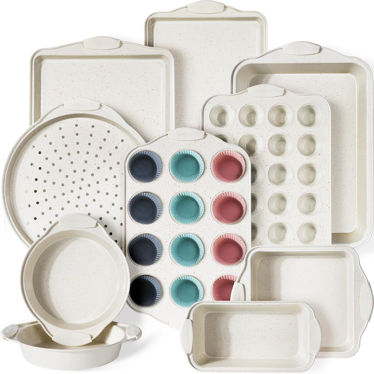 Kikcoin 22-piece baking pans set on display for versatile home baking.