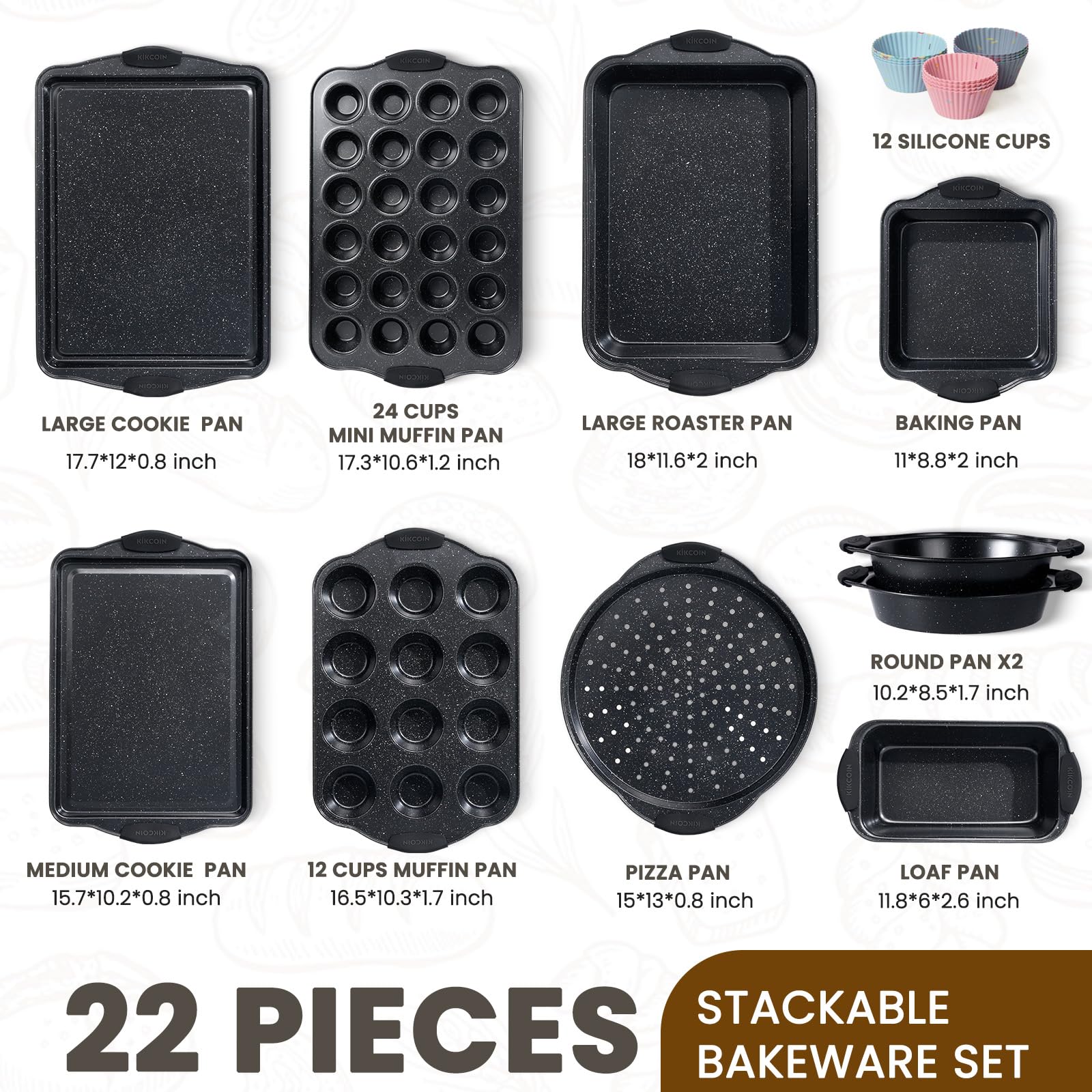 Kikcoin 22-piece nonstick bakeware set large cookie pan for batch cookies and sheet cakes