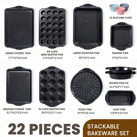 Kikcoin 22-piece nonstick bakeware set large cookie pan for batch cookies and sheet cakes