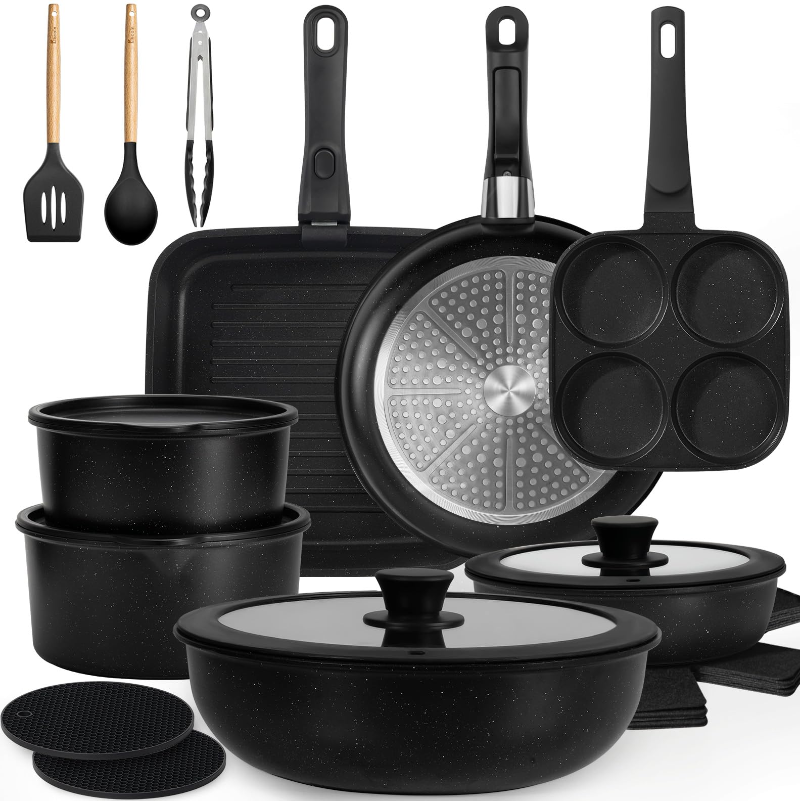 KIKCOIN 24-pack pots and pans set overview with easy food release.