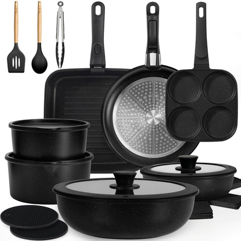 KIKCOIN 24-pack pots and pans set overview with easy food release.
