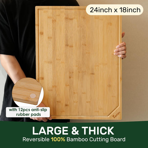 Kikcoin bamboo cutting board showing deep juice groove during chopping