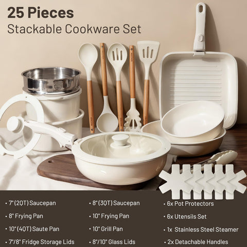 Kikcoin 25-piece stackable cookware set designed for small kitchens and campers.