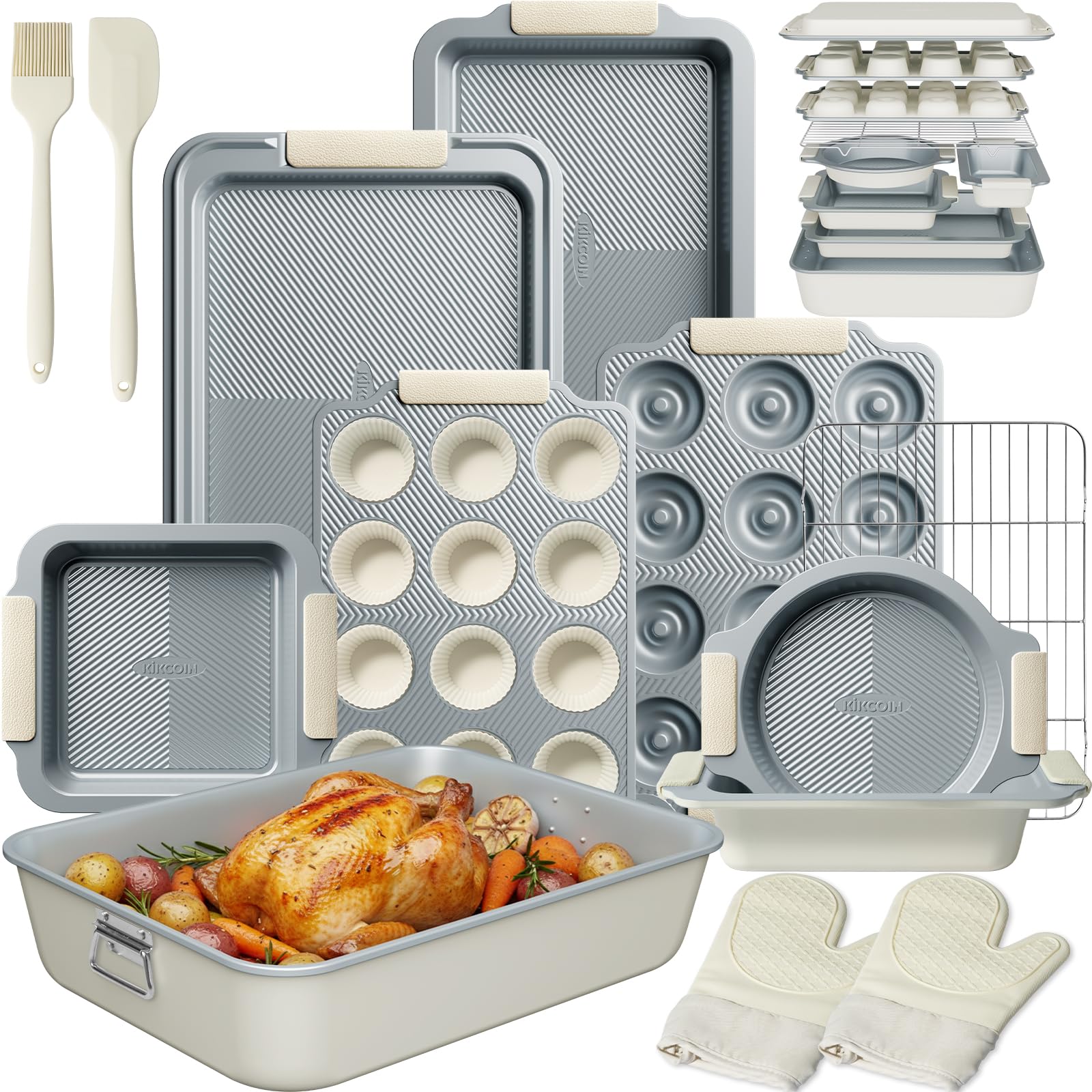 Kikcoin 25pcs stackable baking pans set for space-saving storage and versatile baking.