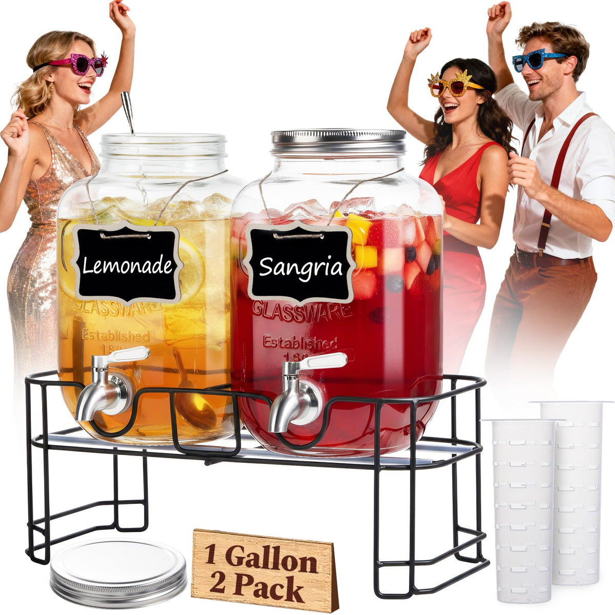 Kikcoin 2 pack glass dispenser with leakproof spigot for party drinks