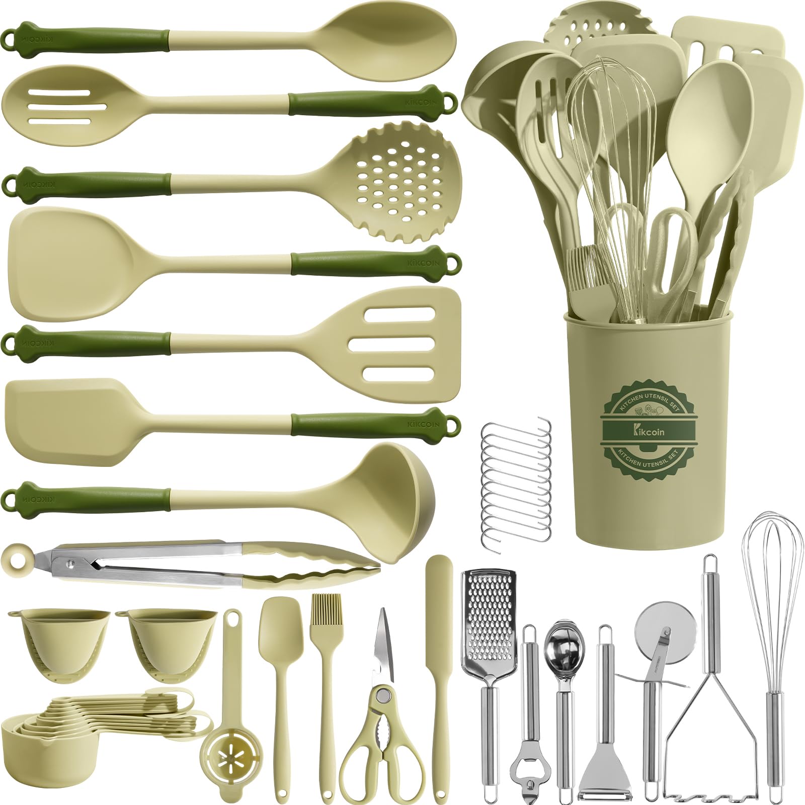 Kikcoin 43Pcs utensils set on a holder for quick countertop access and organization.