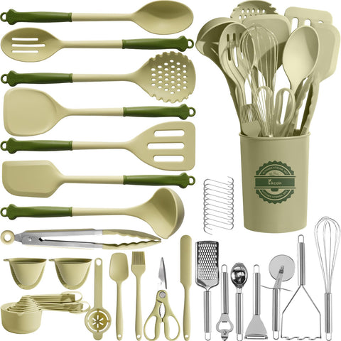 Kikcoin 43Pcs utensils set on a holder for quick countertop access and organization.