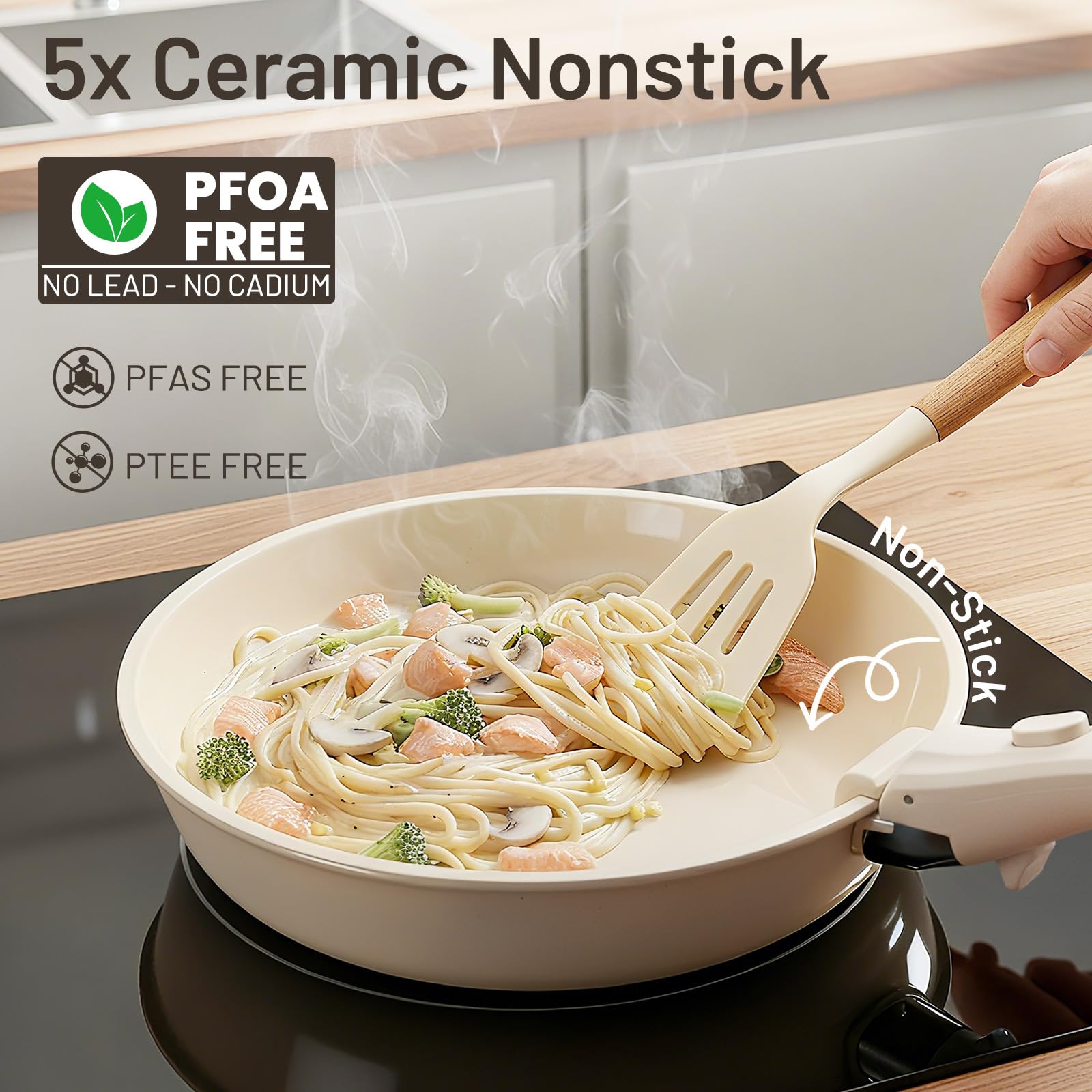 Kikcoin 8-inch saucepan showcases easy nonstick cooking with minimal oil.