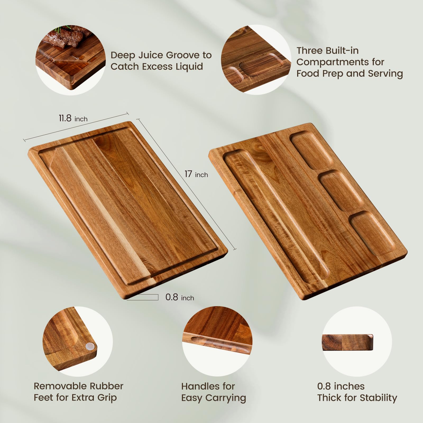 Kikcoin Acacia cutting board compartments keep ingredients separated during prep