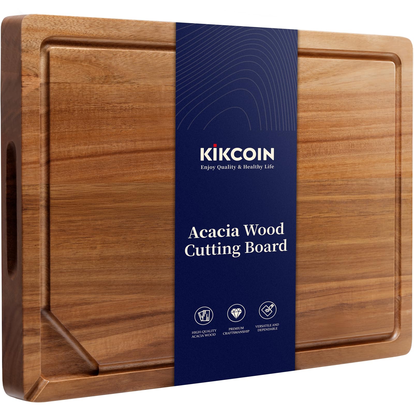 Kikcoin Acacia cutting board with juice groove for clean liquid control during prep