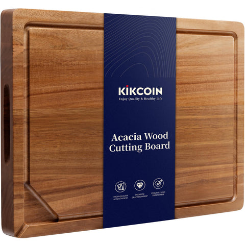 Kikcoin Acacia cutting board with juice groove for clean liquid control during prep