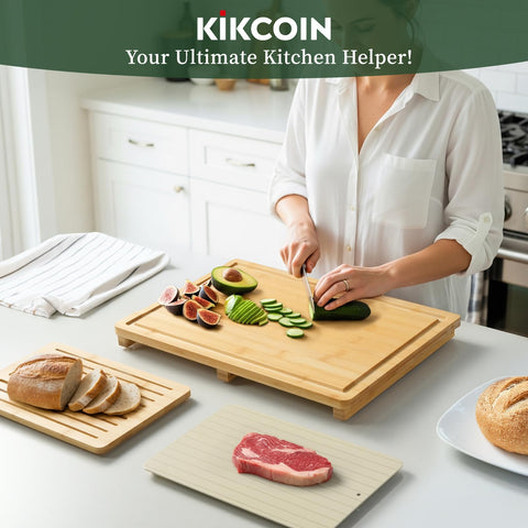 Kikcoin Artisan bamboo board helps precise slicing and tidy counters.