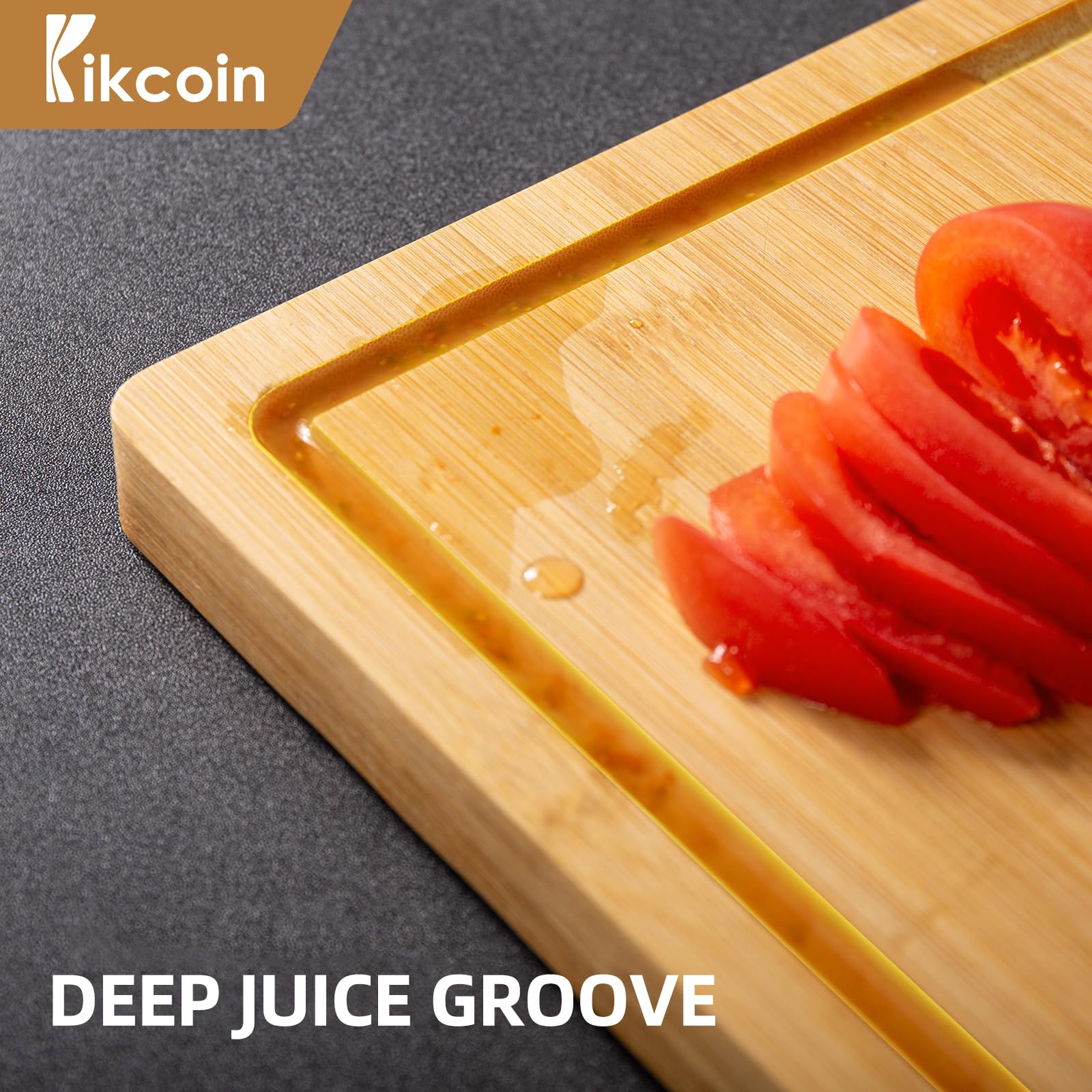 Kikcoin bamboo board ideal for fruit and vegetable prep.