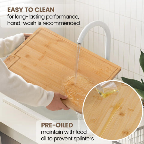 Kikcoin bamboo cutting board drying on a rotating stand to save counter space